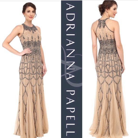 Adrianna Papell Beaded Halter Nude Formal Gown Silver‎ Beading Sequins Size 12 - Picture 1 of 8